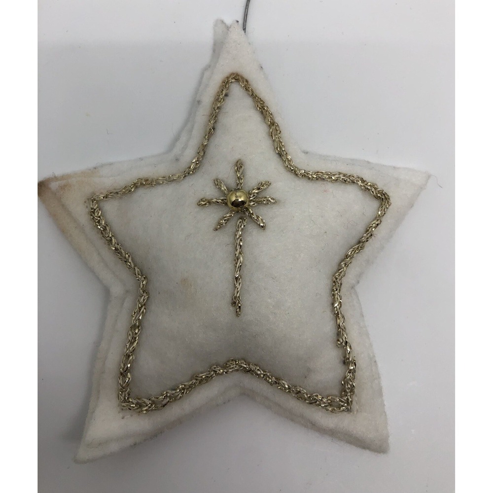 Vintage Hand Sewn White Felt Star Ornament 3.5" Gold Colored Thread *brown spots